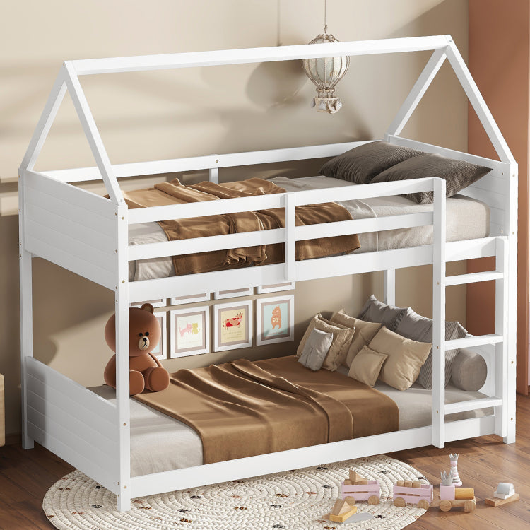 Twin Over Twin House Floor Bunk Bed With Headboards, Footboards And Guardrails, Ladder, Rubber Wood Bunk Bed With Safety Guardrails,White