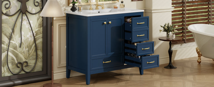 36" Bathroom Vanity With Sink, Bathroom Cabinet With Soft Closing Door, 4 Drawers Of Different Sizes, Solid Wood Frame And Leg, One Package, Blue