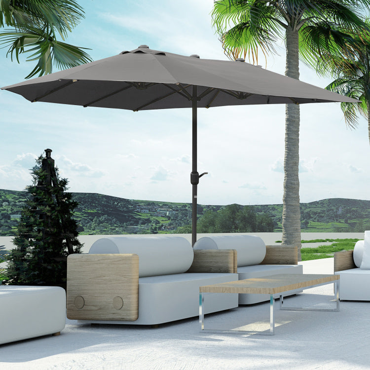 Outsunny Patio Umbrella 15' Steel Rectangular Outdoor Double Sided Market With Base, Sun Protection & Easy Crank For Deck Pool Patio, Dark Gray