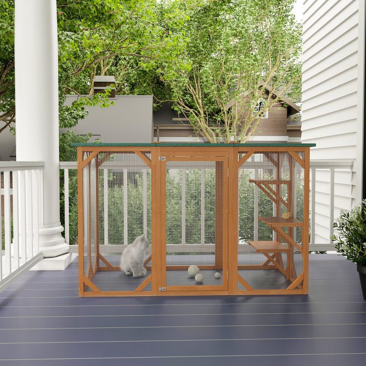 Pawhut Outdoor Cat House, Catio Wooden Feral Cat Shelter, Cat Cage With Platforms, Large Enter Door, Weather Protection Asphalt Roof, 71" L, Orange
