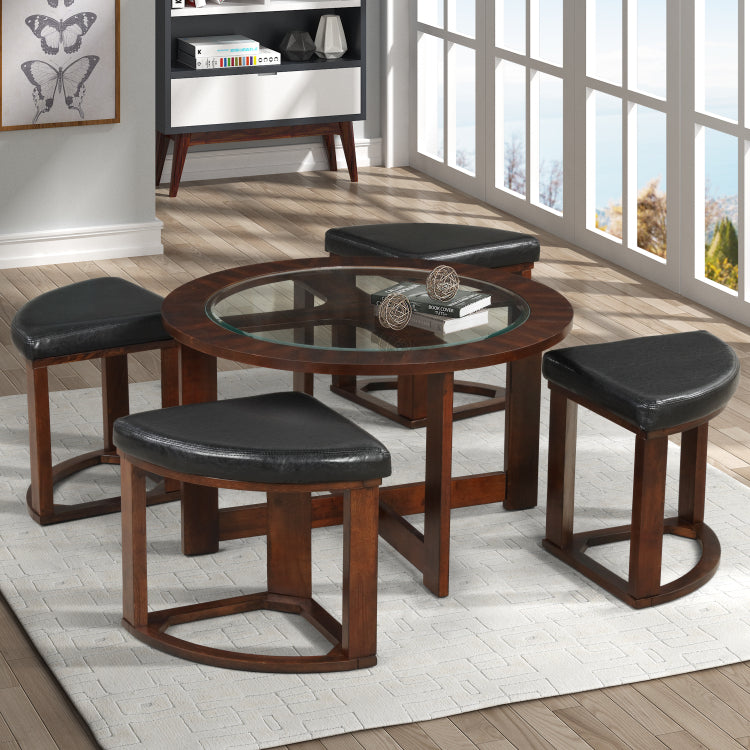 Cylina Solid Wood Glass Top Round Table Set, Coffee Table With 4 Stools