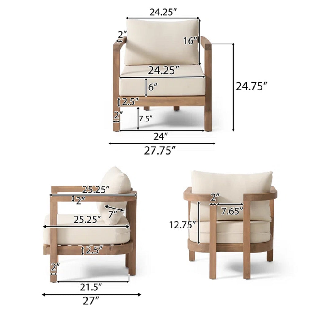 Outdoor Acacia Wood Patio Club Chair, Patio Furniture,Waterproof Thick Cushion Deep Seating For Porch, Garden, Backyard, Balcony, Weight Capacity 400Lbs, Brown Wash, Beige Cushion