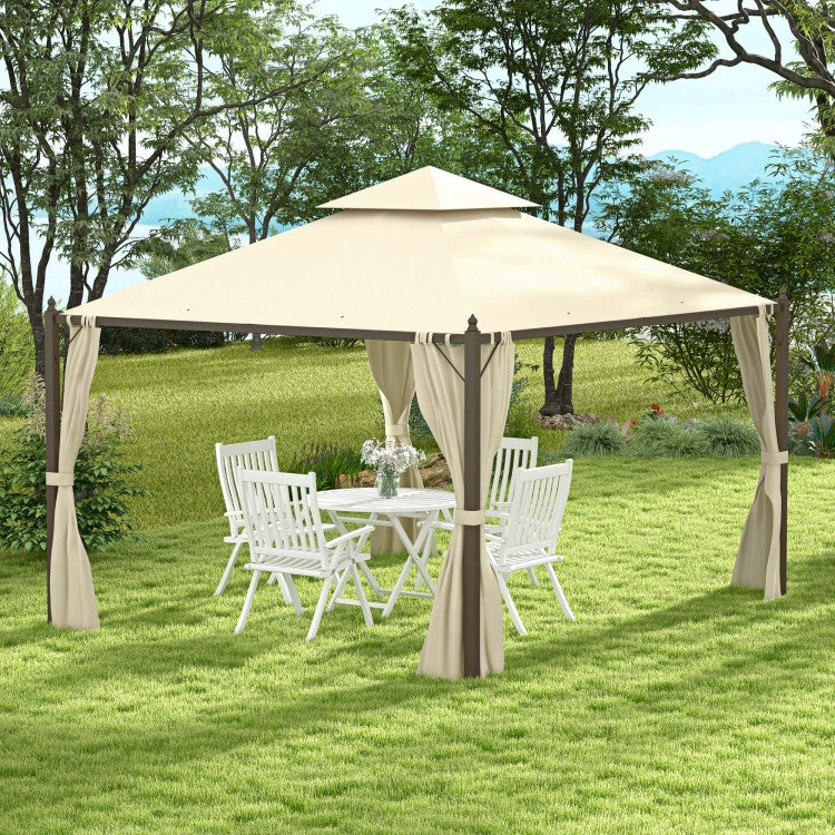 Outsunny 10' X 12' Steel Outdoor Patio Gazebo With Polyester Privacy Curtains, Two Tier Roof For Air, Large Design