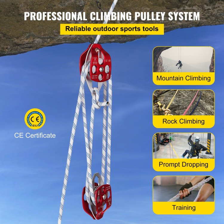 Twin Sheave Block And Tackle 1 2" X 200Ft Twin Sheave Block With Braid Rope 30 35Kn 6600 7705Lbs Double Pulley Rigging