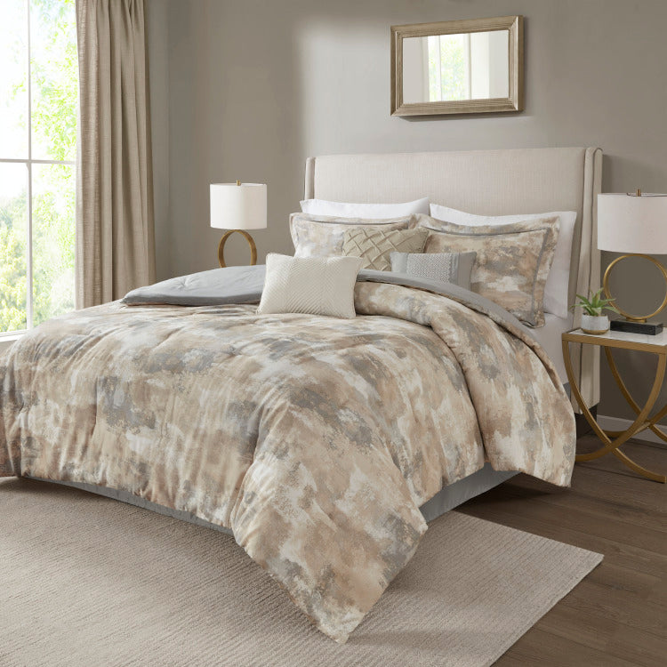 7 Piece Textured Cotton Blend Comforter Set Gray King