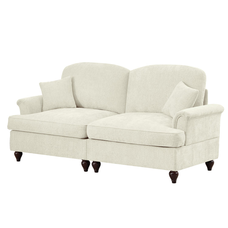 Elegant Mid Century Oversized Large Two Seater Sofa Couch With Flared Arms And Removable Ruffles Pleats Skirts And Spindle Legs, Comfy Chenille Two Seat Love Seat Sofa For Living Room, Beige White