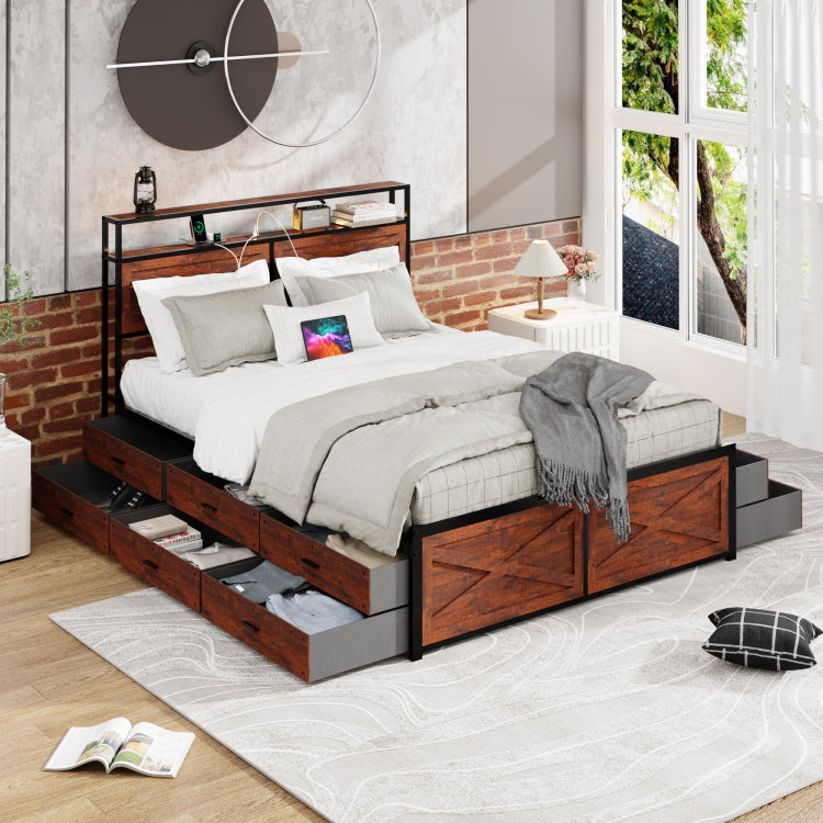 Queen Bed Frame With Storage Headboard And 12 Drawers Led Lights, Metal Platform Non Slip Without Noise Mattress Foundation Strong Metal Slats Support,No Box Spring Needed