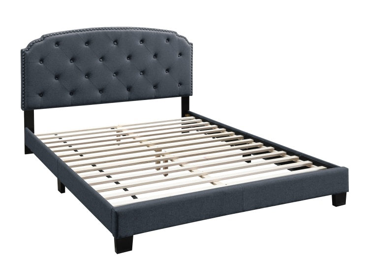 Full Size 1Pc Bed Nailhead Trim Button Tufted Burlap Fabric Charcoal Finish Bedroom Furniture