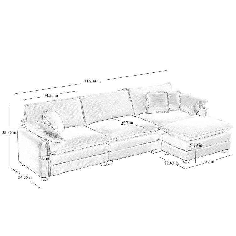 Oversize 3 Seater Sofa With One Footrest, L Shaped Sectional Sofa With Ottoman For Living Rooms, White Corduroy Sofa