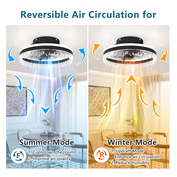 Modern Led With Light 16'' Dimmable Ceiling Light With Invisible Blades And Crystal Design, Remote Control & Adjustable Color Temperature, Quiet Fan For Bedroom, Living Room,Black