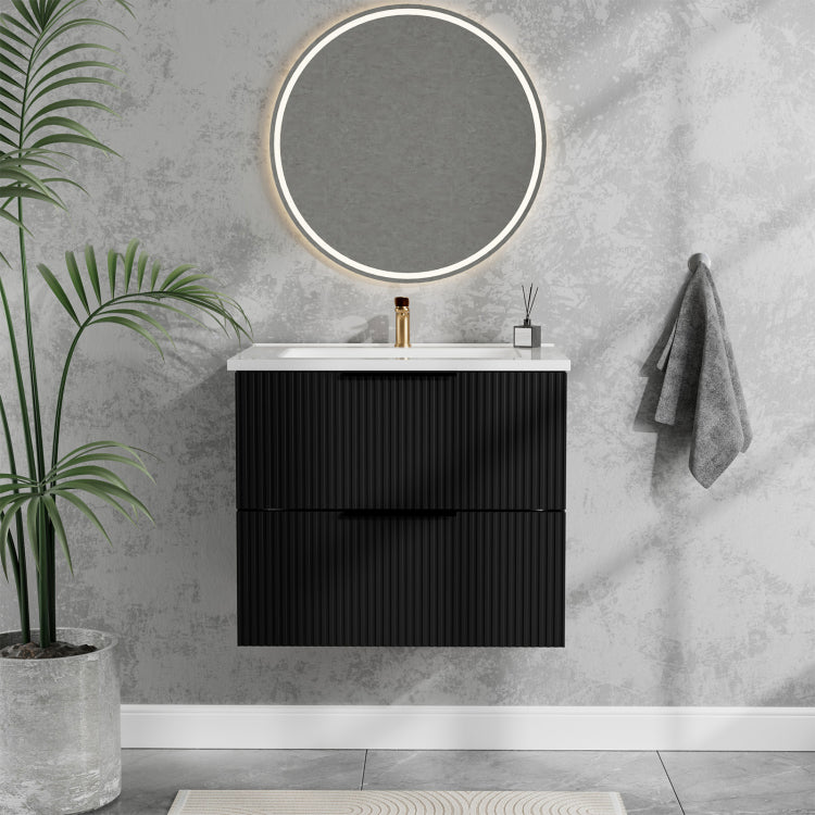 24 Inch Bathroom Vanity Cabinet With Ceramic Sink Black Wall Mounted Floating Fluted Vanity With Drawers, Modern