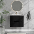 24 Inch Bathroom Vanity Cabinet With Ceramic Sink Black Wall Mounted Floating Fluted Vanity With Drawers, Modern