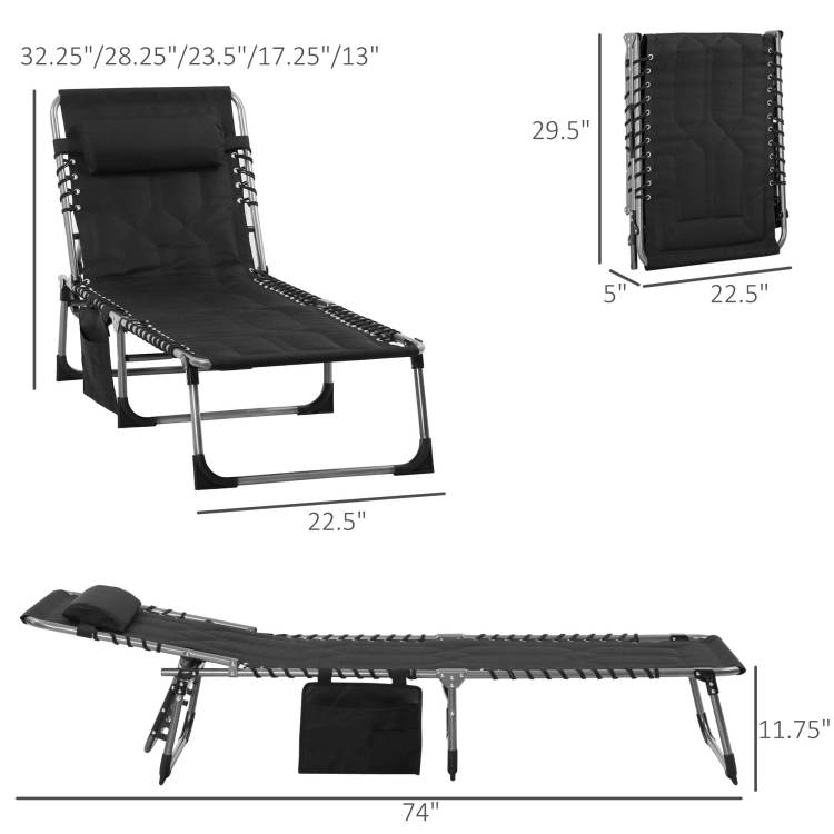 Outsunny Padded Folding Chaise Lounge Chair, Outdoor 6 Level Reclining Camping Tanning Chair With Headrest For Beach, Yard, Patio, Pool, Black