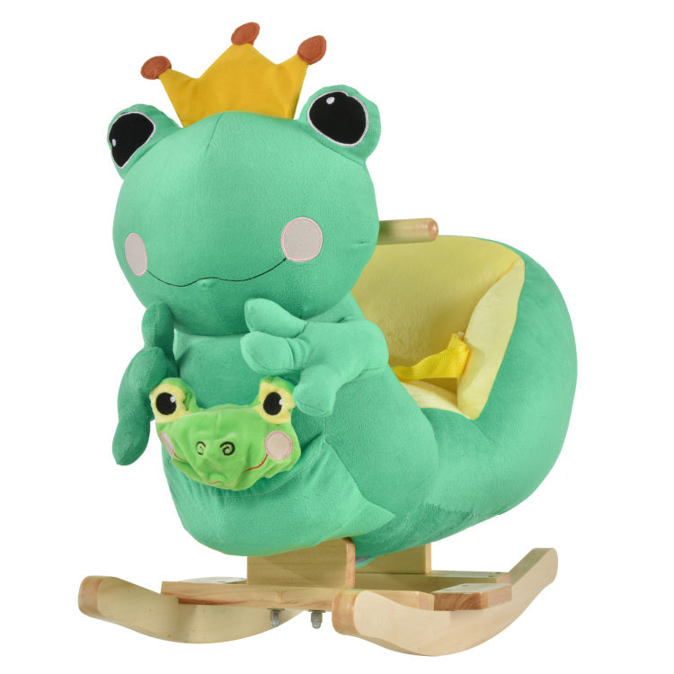 Qaba Kids Ride On Rocking Horse Toy Frog Style Rocker With Fun Music, Seat Belt & Soft Plush Fabric Hand Puppet For Children 18 36 Months