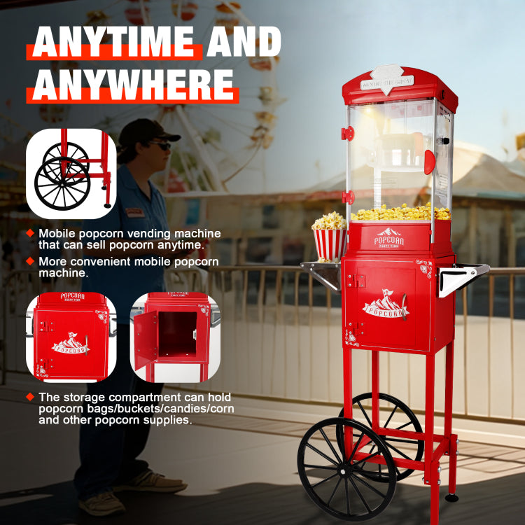 Popcorn Machine With Cart ,Wheels & 10 Oz Kettle Popcorn Maker Measuring 3 Plastic Spoon Home Theater Popcorn Machine Red