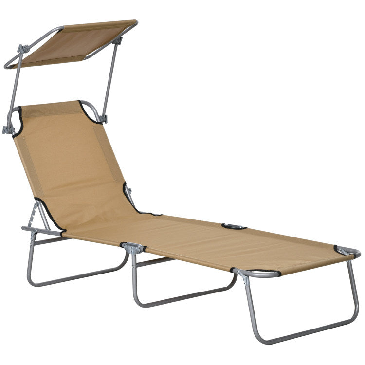 Outsunny Outdoor Lounge Chair, Adjustable Folding Chaise Lounge, Tanning Chair With Sun Shade For Beach, Camping, Hiking, Backyard, Tan