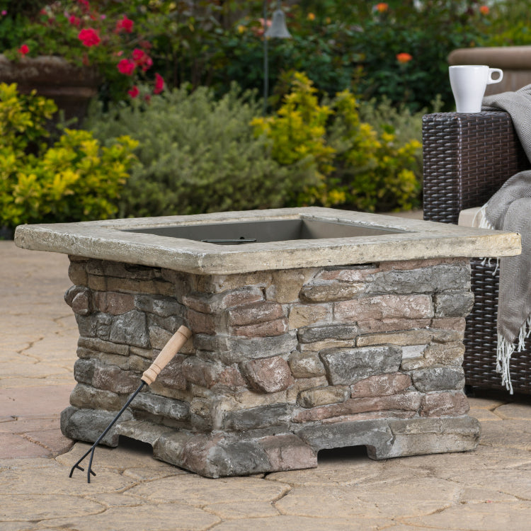 28" Mgo Wood Burning Outdoor Fire Pit With Lid Natural Stone