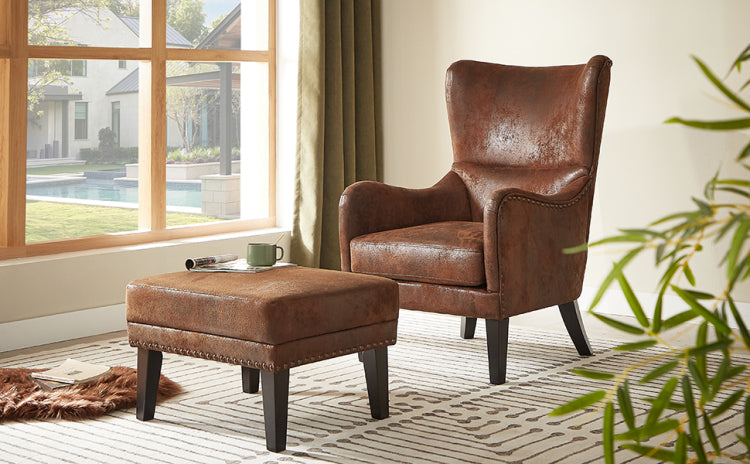 Hi Back Vintage Distressed Lounge Chair With Ottoman,Classic Tufted Design & Nailhead Trim For Living Room, Study, Bedroom