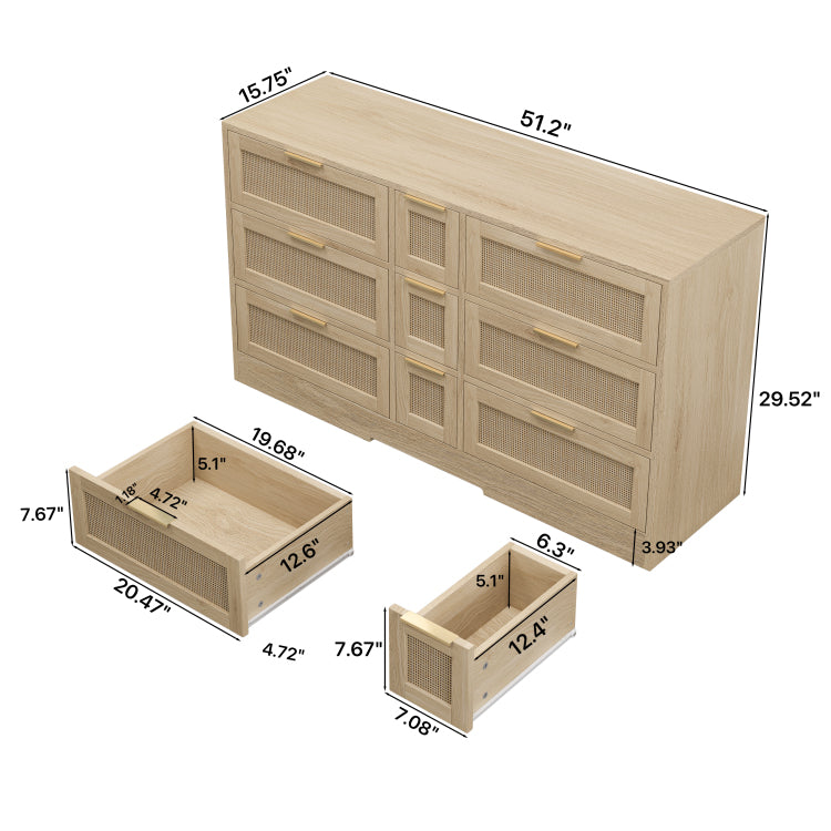 51.2 "Rattan Locker With Drawers, 9 Drawers, Metal Handles For Kitchen, Living Room, Bedroom Natural