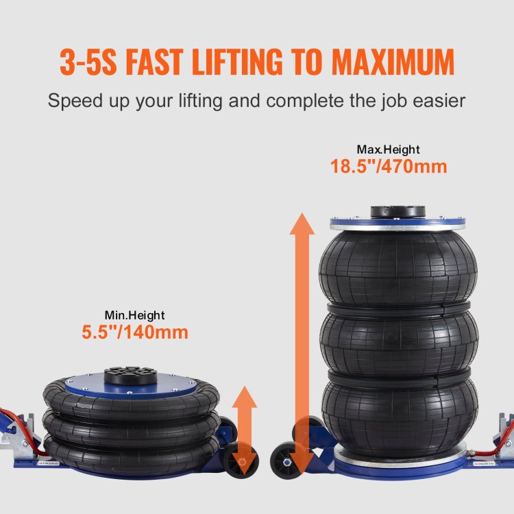 Air Jack, 5 Ton 11000 Lbs Triple Bag Air Jack, Airbag Jack With Six Steel Pipes, Lift Up To 18.5 Inch 470 Mm, 3 5 S Fast Lifting Pneumatic Jack, With Adjustable Handle For Car, Garage, Repair
