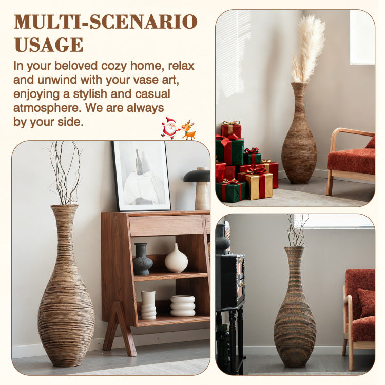 Hand Woven Pvc Rattan Floor Vase, 39.37 Inch Tall Decorative Vase For Home Decor, Beigegreytwo Tone Farmhouse Vase For Living Room, Bohemian & Coastal Style