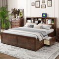 King Size Wood Platform Bed With Multi Storage Headboard, Usb And Drawers, Antique Wood Color