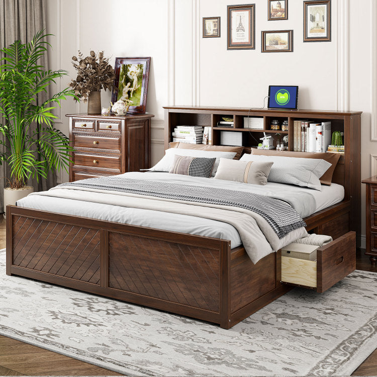 King Size Wood Platform Bed With Multi Storage Headboard, Usb And Drawers, Antique Wood Color