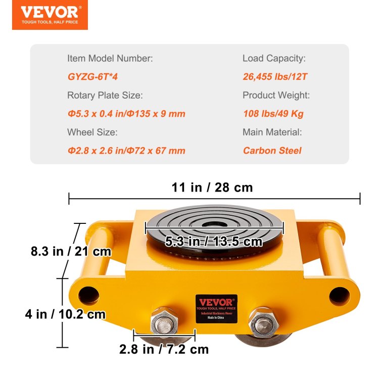 4Pcs Machinery Skate Dolly, 26455Lbs 12T Industrial Machinery Mover, Heavy Duty Carbon Steel Machinery Moving Skate & 4 Carbon Steel Wheels And 360 Rotation Non Slip Cap For Warehouse, Factory