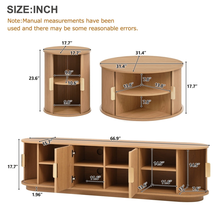Assembly Video Wooden Tv Stand & Coffee Table Set With Fluted Sliding Door For Tvs Up To 75", Golden Handles Media Console With Cable Hole, Farmhouse Round Center Table For Living Room, Natural