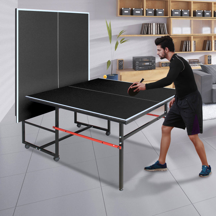 8Ft Black Mid Size Table Tennis Table Foldable & Portable Ping Pong Table Set For Indoor Games With Net, 2 Table Tennis Paddles And 3 Balls