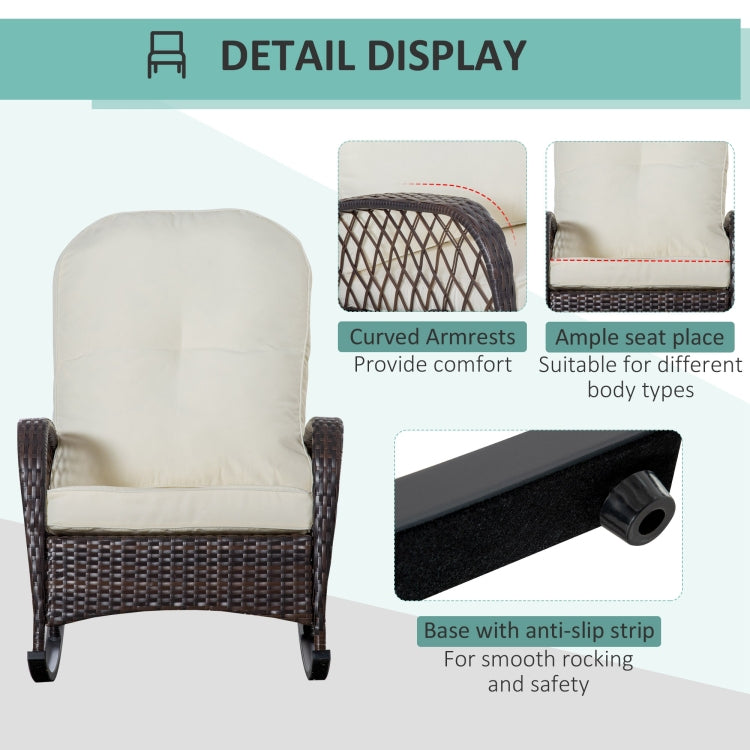 Outsunny Outdoor Wicker Rocking Chair With Wide Seat, Thick, Soft Cushion, Rattan Rocker W Steel Frame, High Weight Capacity For Patio, Garden, Backyard, Cream White
