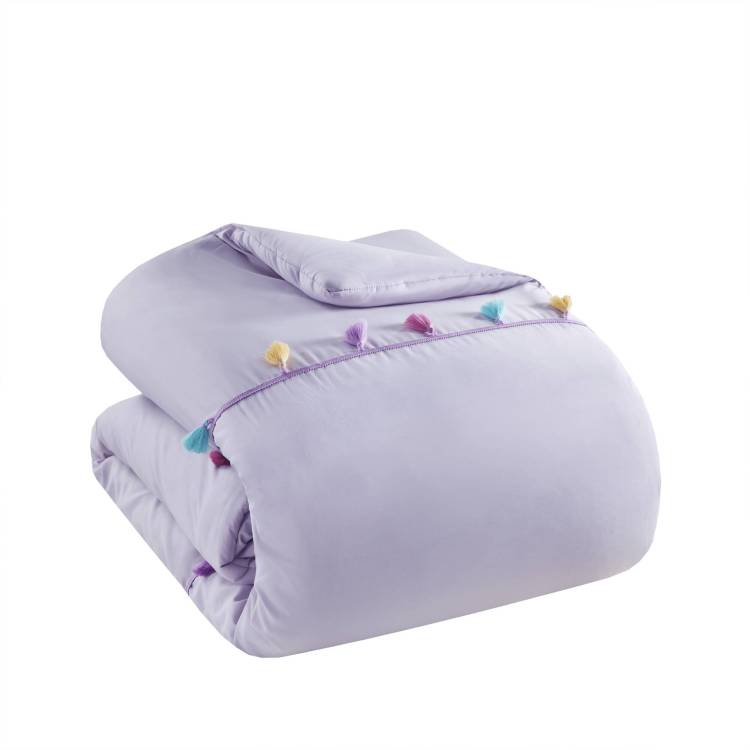 3 Pcs Twin Tassel Comforter Set With Heart Shaped Throw Pillow Lavender