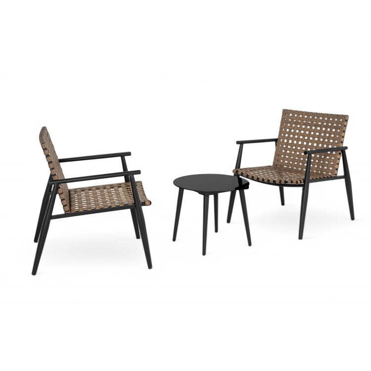 Modern Outdoor Chat Set: 2 Pe Rattan Chairs Black Steel & Tempered Glass Side Table Durable & Stylish