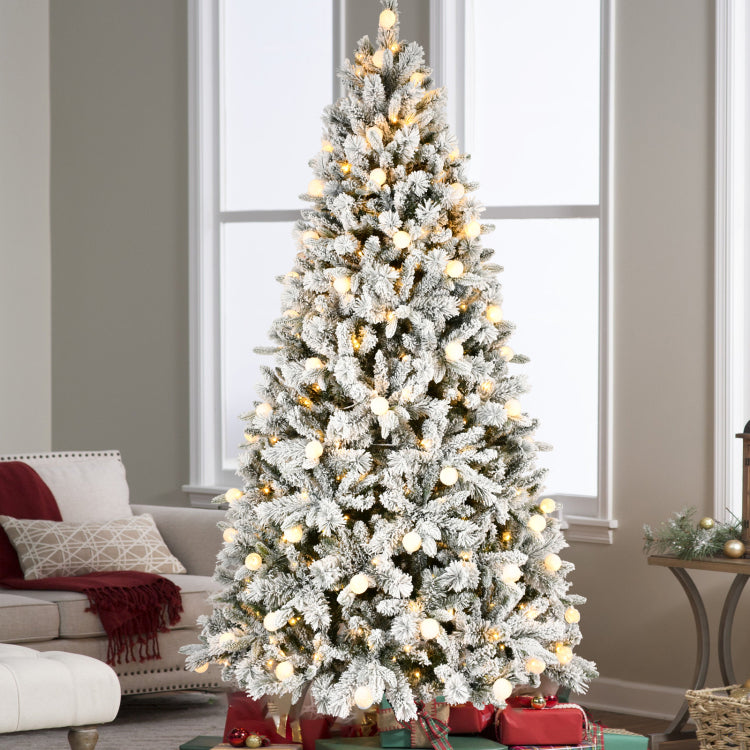 7.5Ft Flocked Christmas Tree With 400L Colorful Led Lights With G45 Ball, Realistic Pe Pvc Hard Needle Hinged Tree With Memory Wire, 10 Lighting Modes, Foot Switch & Stable Metal Stand