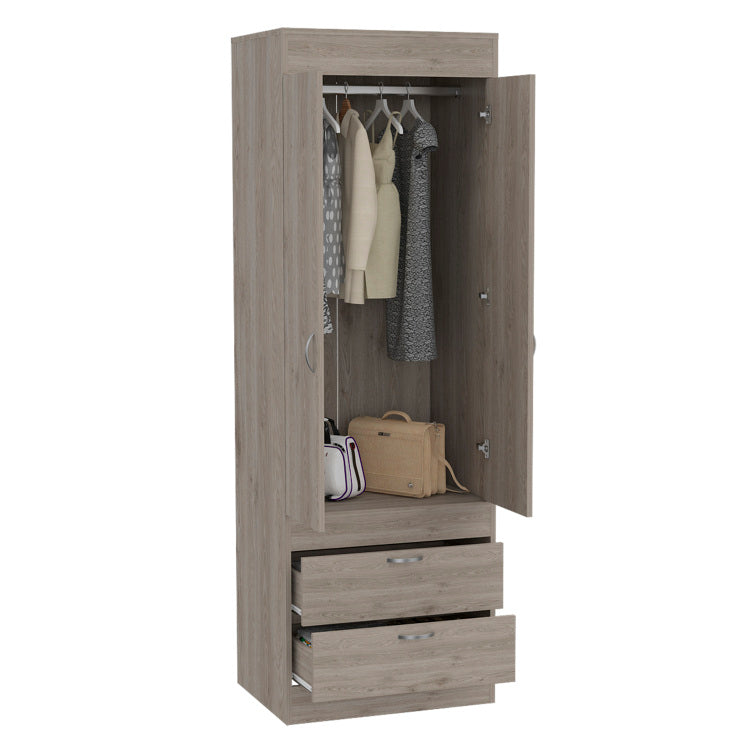 Lisboa Armoire, Rod, Double Door, Two Drawers, Metal Handles Light Gray