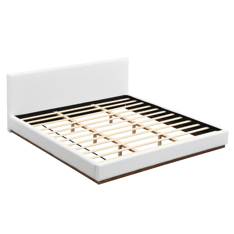Elegant White Fabric Upholstered Bed With Nice Wood Grain Textured Brown Solid Wood Base Frame,White,King