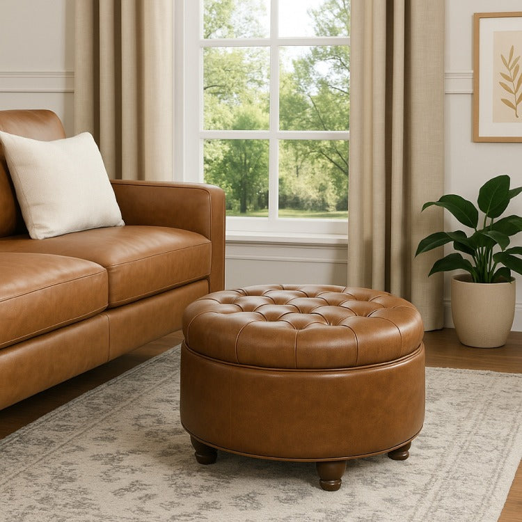 Gery Accent Storage Ottoman, 25 Inch Round Tray Top Brown Faux Leather