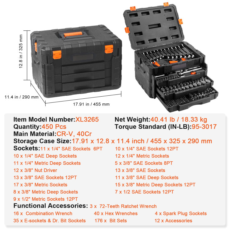 Mechanics Tool Set And Socket Set, 1 4" 3 8" 1 2" Drive Deep And Standard Sockets, 450 Pcs Sae And Metric Mechanic Tool Kit With Bits, Hex Wrenches, Combination Wrench, Accessories, Storage Case