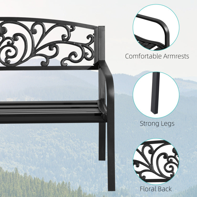Outsunny 50" Outdoor Bench, Metal Garden Bench With Floral Pattern Backrest, Porch Bench With Slatted Seat For Park, Yard, Lawn, Black
