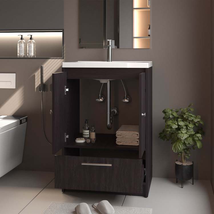 Wengue 2 Door Freestanding Bathroom Vanity With Sink And Bottom Drawer