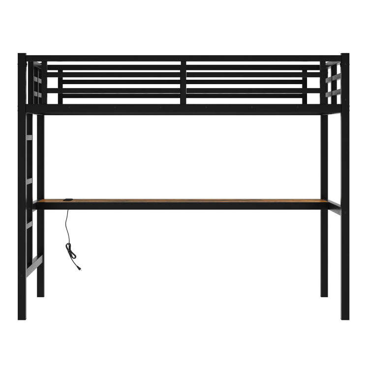 Metal Twin Xl Size Loft Bed With Power Outlet And Led Lighted, Space Saving, Noise Reduced, Black