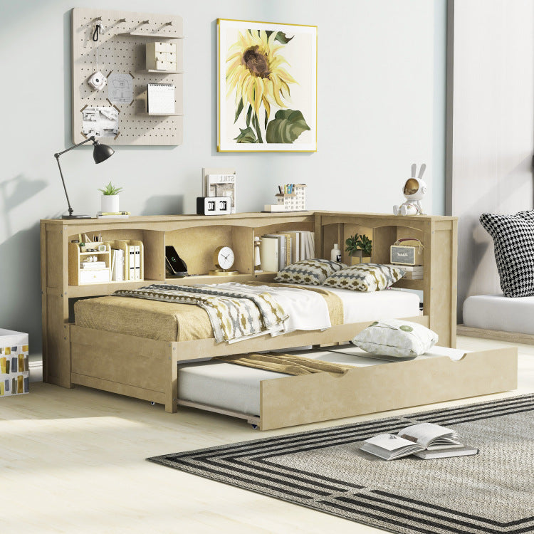 Twin Size Daybed With Trundle, Storage Cabinets And Usb Ports, Wood Color
