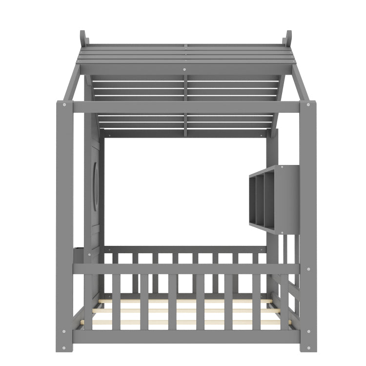 Twin Size Floor House Bed For Toddler, Kids Montessori Bed With Storage Shelf, Playhouse Bed With Roof Design, Gray