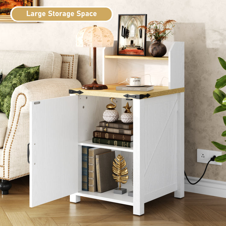 Okd Nightstand With Charging Station, 18 Inch Farmhouse End Table With Barn Door And Adjustable Storage Shelf, Rustic Wood Sofa Side Table W Magnetic Door For Living Room, Bedroom, Antique White