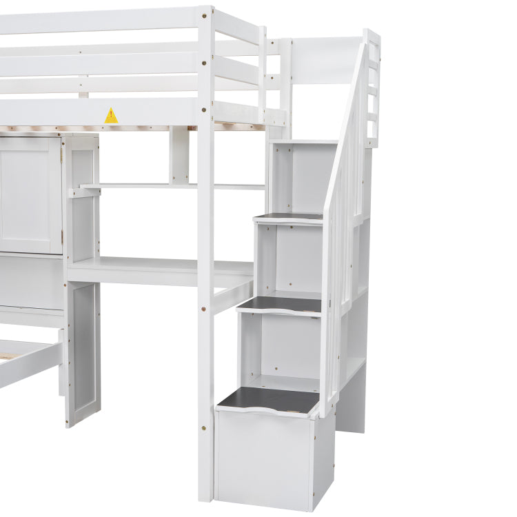 Twin Over Twin Loft Bed With Built In Desk And Staircase, With Storage Compartments And Shelves, White