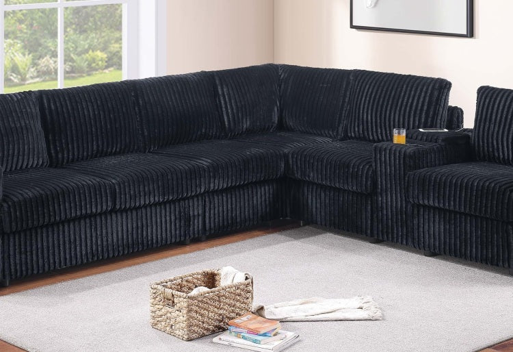 Modern Style L Shape 4Pc Sectional Set Reversible Loveseat Usb Ports Cup Holder Armless Chair Plastic Legs Corduroy Upholstered Black Finish Primary Living Room