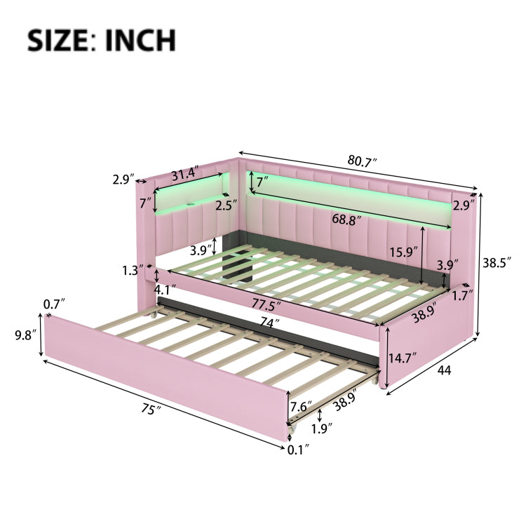 Upholstered Twin Size Platform Bed With Usb Ports And Led Belt, With Trundle, Pink