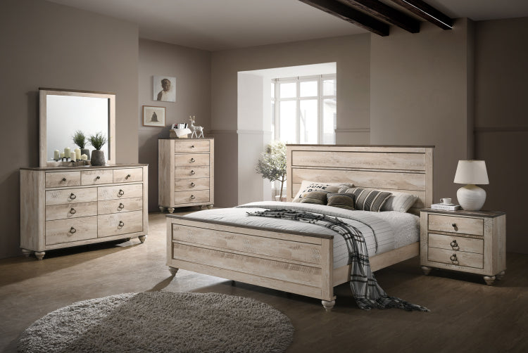Imerland Contemporary White Wash Finish Bedroom Set, King Bed, Dresser, Mirror, Nightstand And Chest