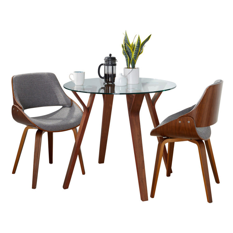 Folia Round Fabrizzi Mid Century Modern Dining Set In Walnut Wood, Round Clear Tempered Glass And Grey Fabric By 3 Piece