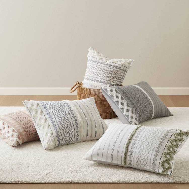3 Pcs Full Queen Cotton Printed Comforter Set With Chenille Sage Ivory